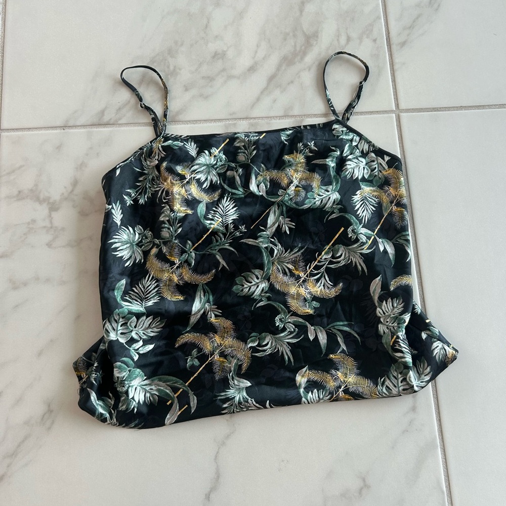 Victoria's Secret Black Floral Satin Cami with Green and Gold Print